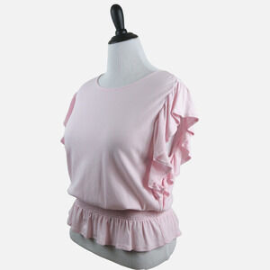 Ann Taylor Size L Smocked Waist Flutter Sleeve Top Peplum Light Pink